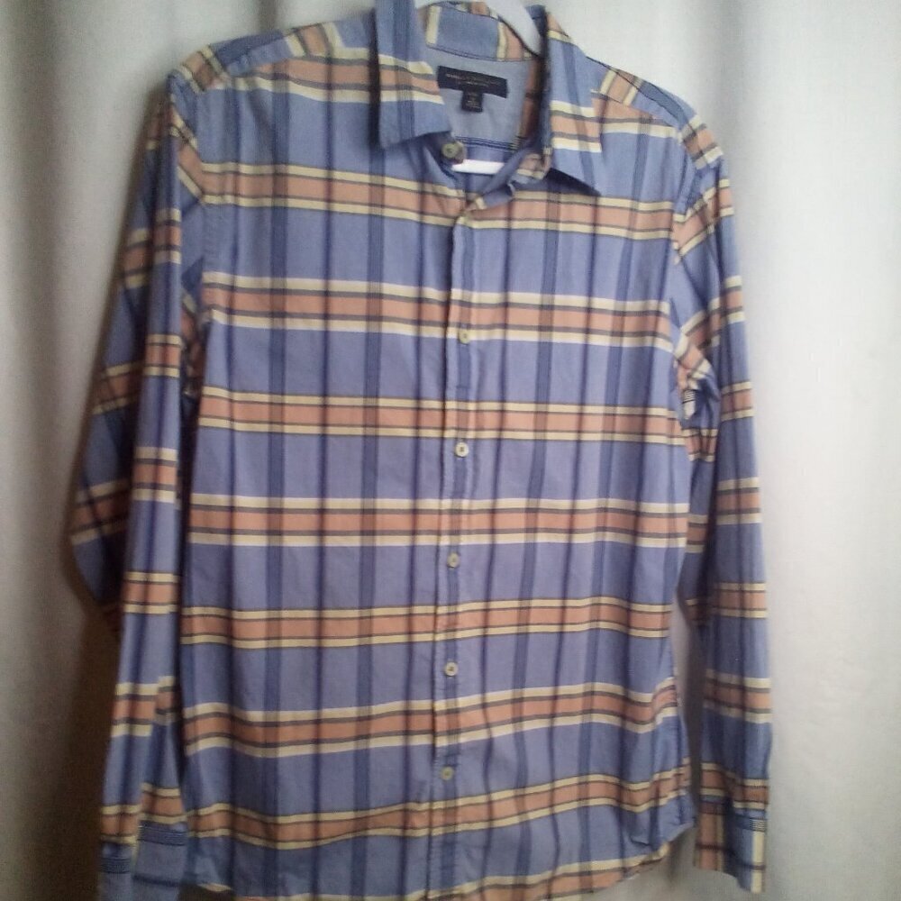 Banana Republic Shirt Men M 15 15 1/2 Button Up Long Sleeve Plaid Blue Orange